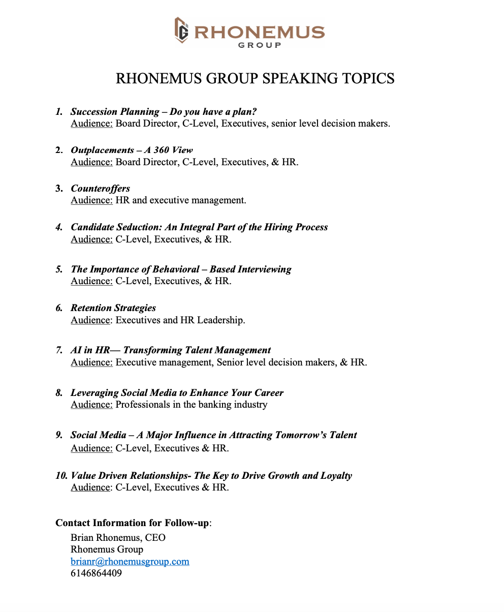 Speaking Topics List - Rhonemus Group